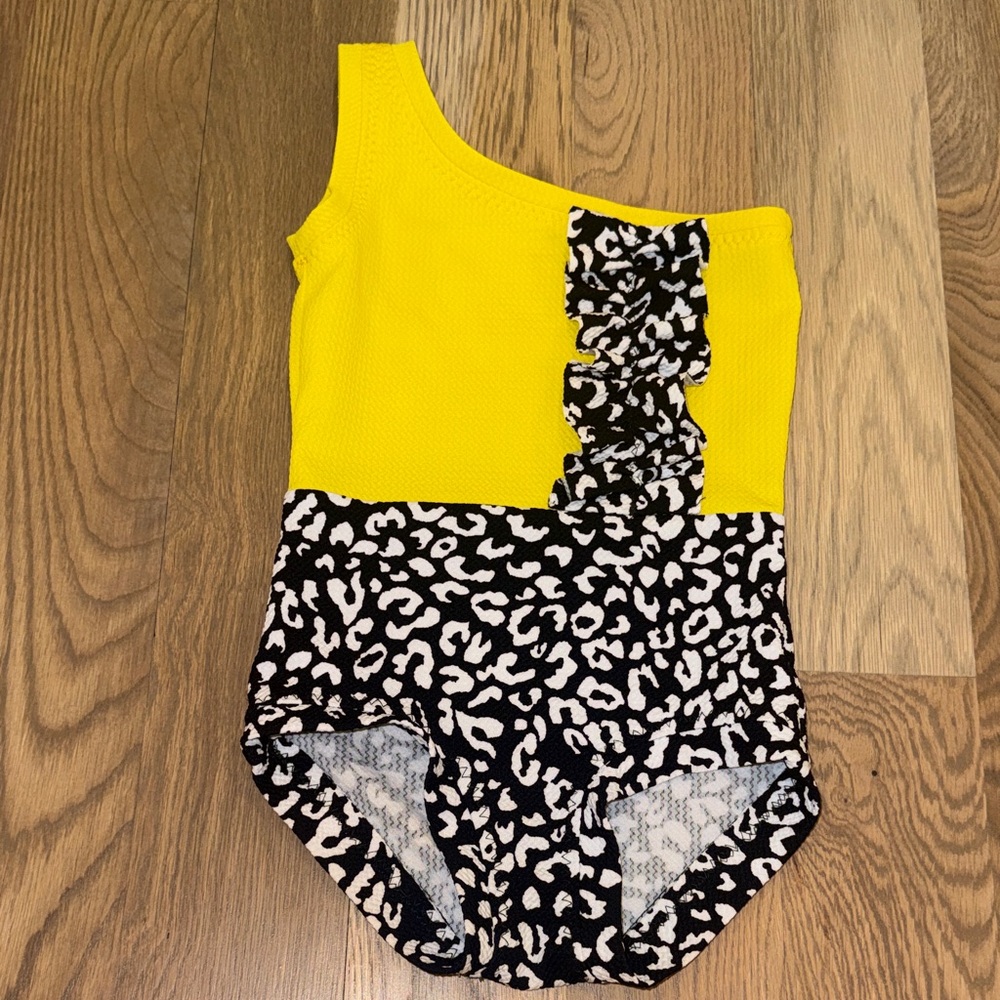 Izzy & Me Yellow and Black Leopard One Shoulder  Kids Swim One Piece